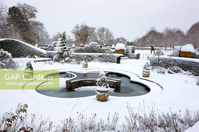 Mediterranean garden and lilly pool in snow, Highgrove Garden, January 2010. 