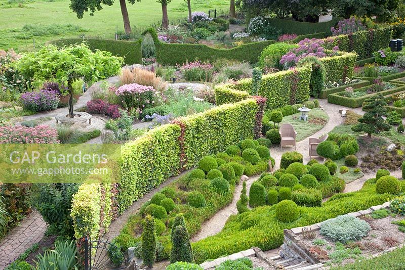 Arial view of garden and Fagus sylvatica hedge
