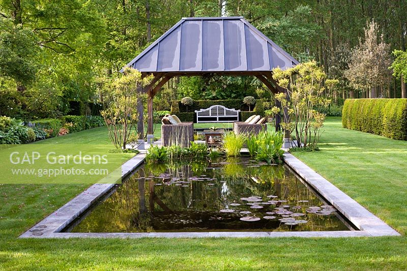 Garden view with gazebo and formal pond