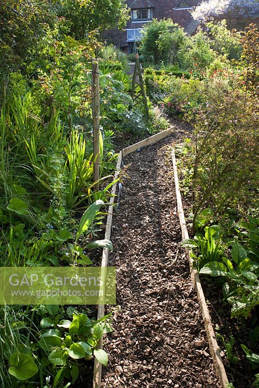 Bark chipping mulch path through the raised beds, Wyckhurst Kent