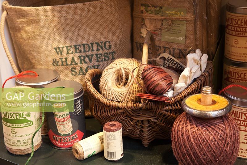 The Garden Museum. Items to buy in the shop. Twine in various spools and tins.