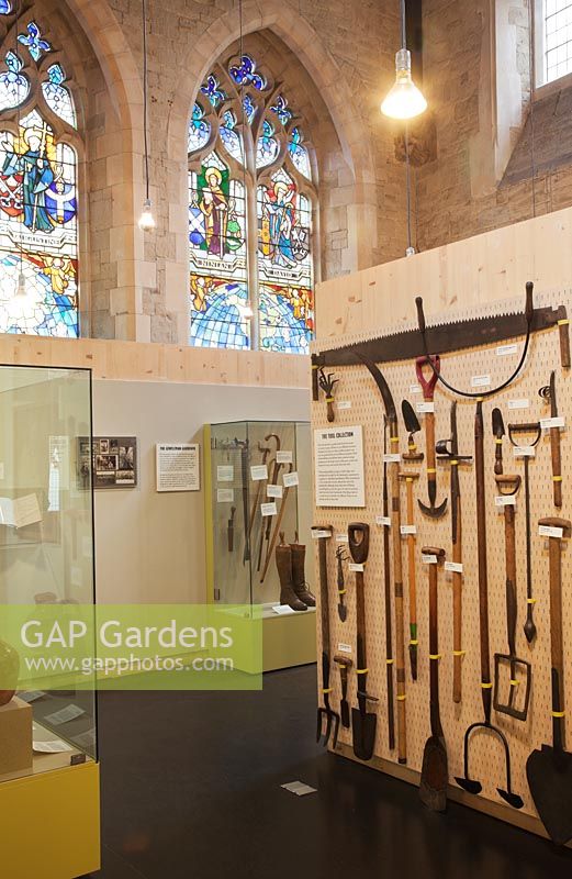 The Garden Museum. The tool collection and stained glass windows.