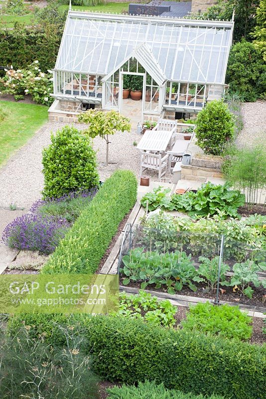 Overview of vegetable garden edged with Buxus hedge. 