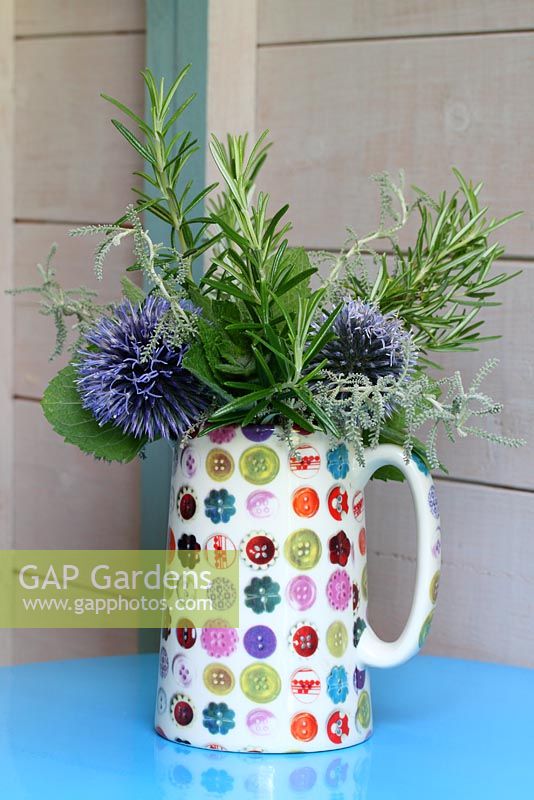 Bouquet of Rosemary, Mint, Echinops and Santolina picked from the garden by Annabel - The Tea Shed, Cavick Farm, Norfolk