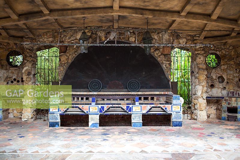 The Spanish Kitchen adorned with Spanish tiles and wrought iron details is a replica of a Mexican fiesta kitchen - McKee Botanical Garden, Vero Beach, Florida