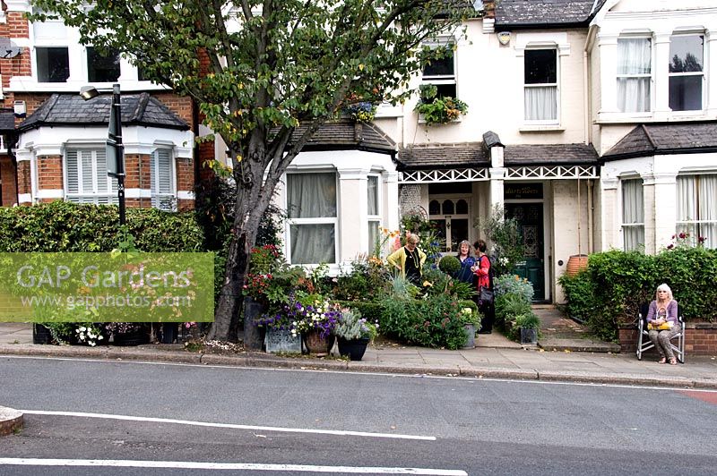 People talking in front suburban garden open under NGS, plants in large pots edge the pavement - Alexandra Park Road Gardens Group, London Borough of Haringey