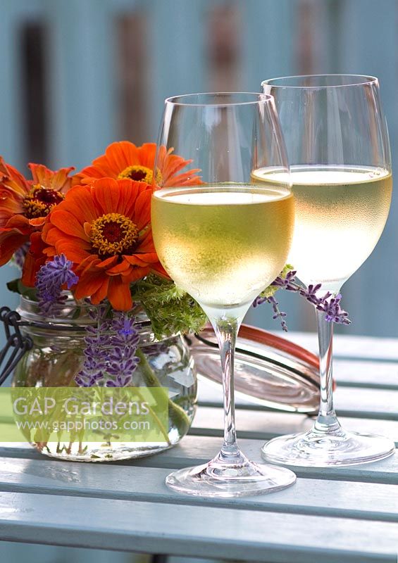 Zinnias in old glass preserving jar with two glasses of chilled white wine - Grange Rousseau, Tarn, France