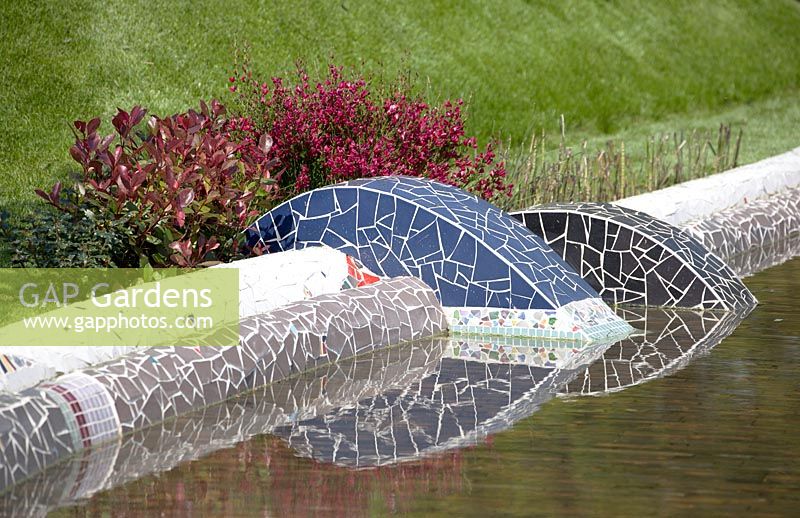 Waterfeature of colourful mosaic. Conceptual garden showing unique physiographic feature of Suncheon Bay. 