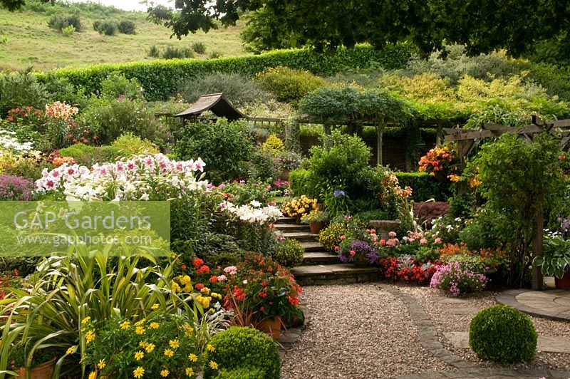 Colourful borders including Phormium, Chrysanthemum, Leucanthemum, Lilium and Fuchsia, gravel path leading to arbour 