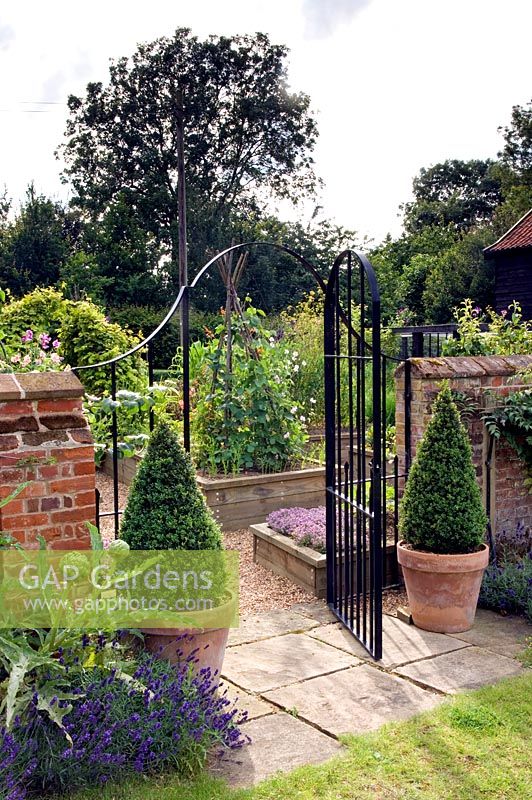 Boundary wall, entrance gate to vegetable garden and pots of box topiary