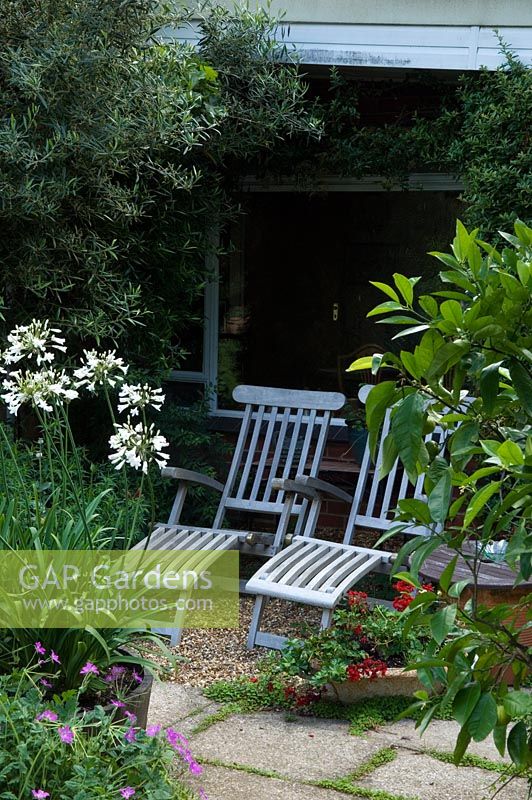 Garden furniture and white Agapanthus in pot on small patio in wildlife conservation garden 