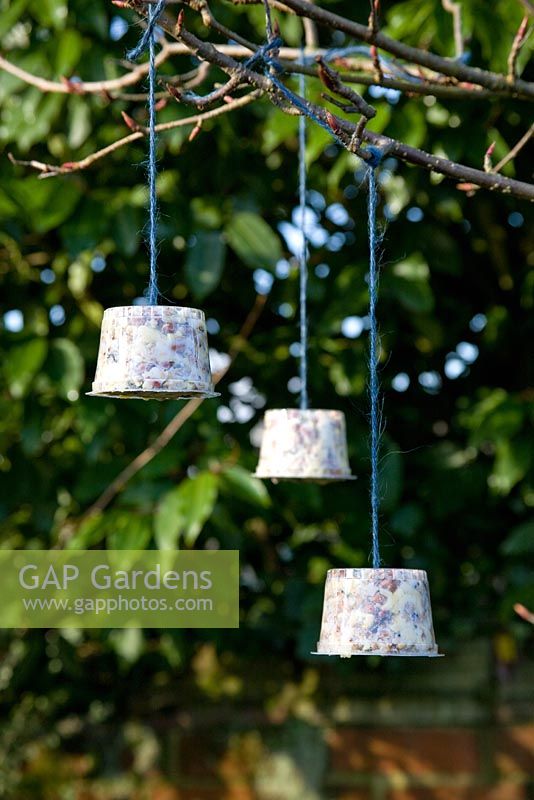 Step by step for creating hanging bird feeders out of teacups and yoghurt pots