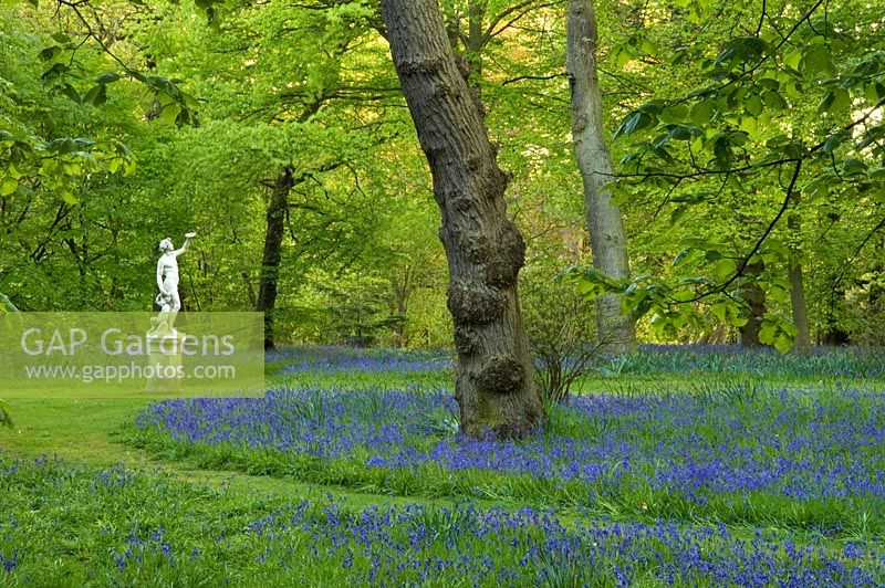 Stone sculpture in woodland garden with bluebells 