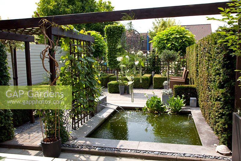 Small garden with water feature and decking

