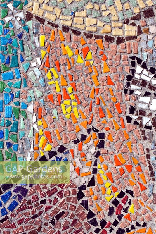 Brightly coloured Mosaic patterns of small tiles