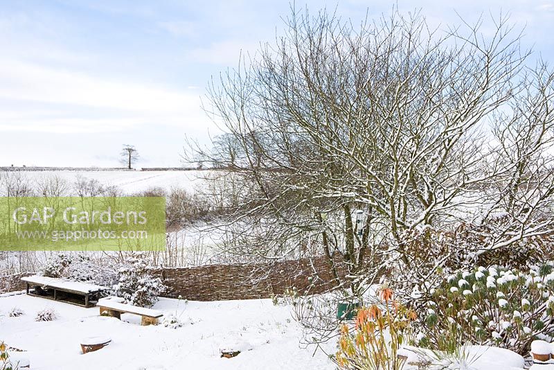 Glebe Cottage on a snowy winter's day. View over the garden to countryside beyond