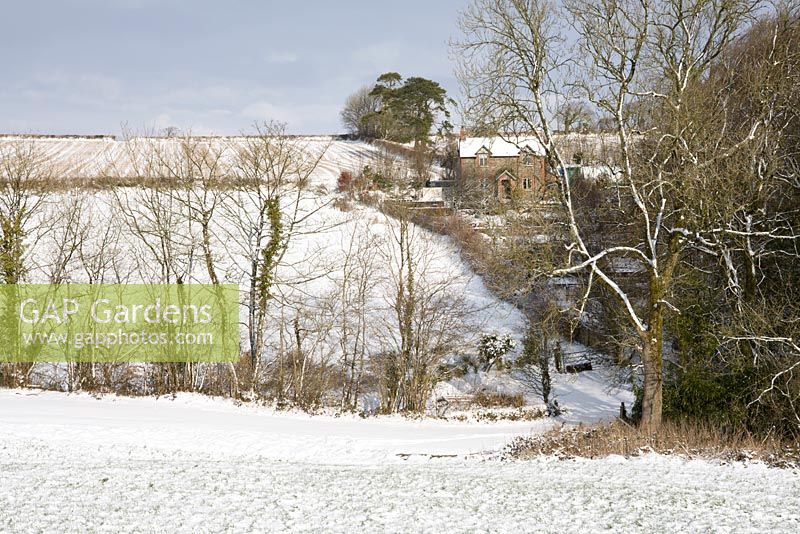 View from the field towards Glebe Cottage on a snowy winter's day