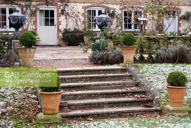 Stone steps and Buxus in urns leading up to terraced patio in winter - The Old Rectory, Surrey