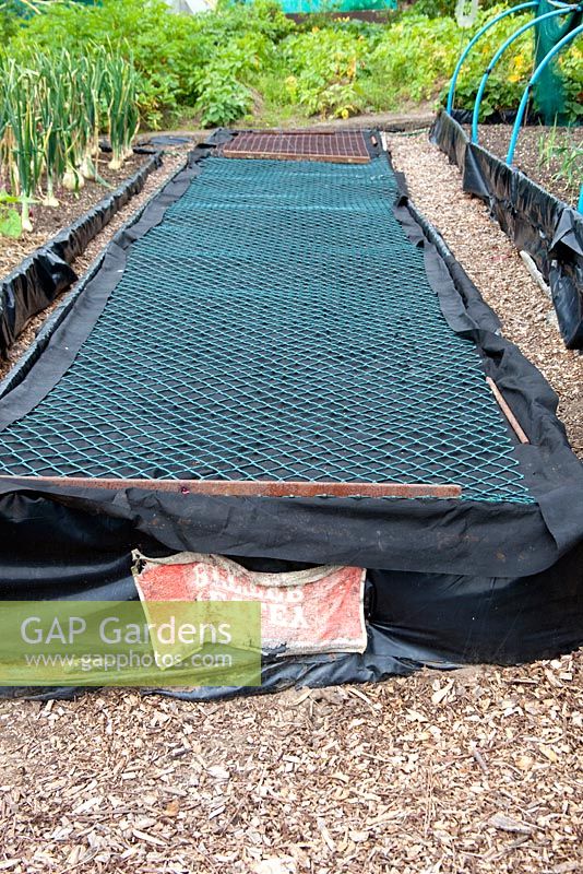 Raised bed covered with fleece in preparation for planting - Mick's Allotment