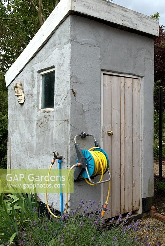 Conversion of old outside lavatory to garden shed, with water supply and garden hose attached - Bays Farm NGS, Forward Green, Suffolk