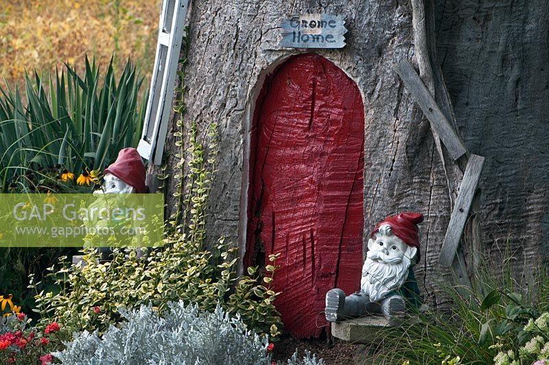 Gnome Home made from tree trunk, planting of Euonymus, Senecio cineraria and Yucca