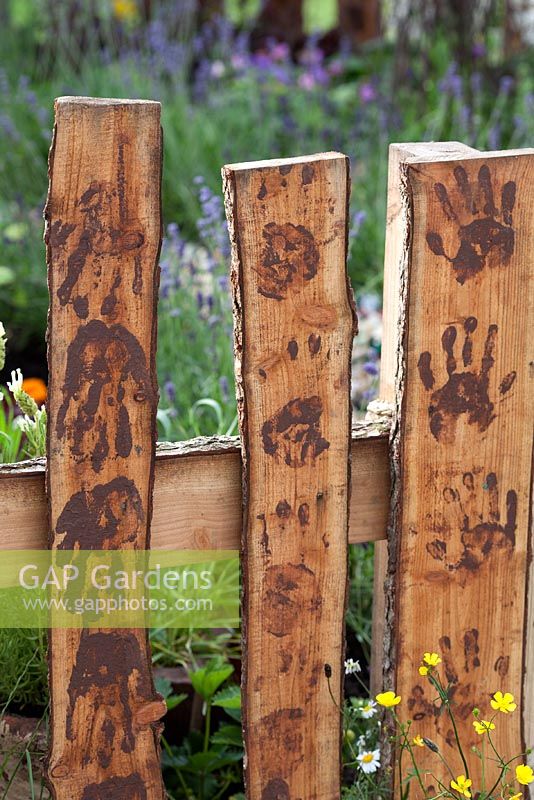 Decorative fence with hand prints - 'George's Marvellous Medicine' - BBC Gardeners World Live 2012