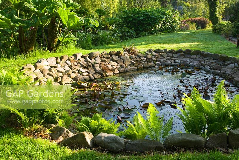 Pond edged with cobbles and ferns - Westonbury Mill
