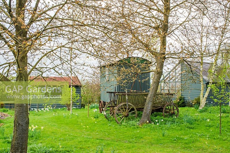 Shepherds hut and old farm cart in wild garden - The Mill House, Little Sampford, Essex