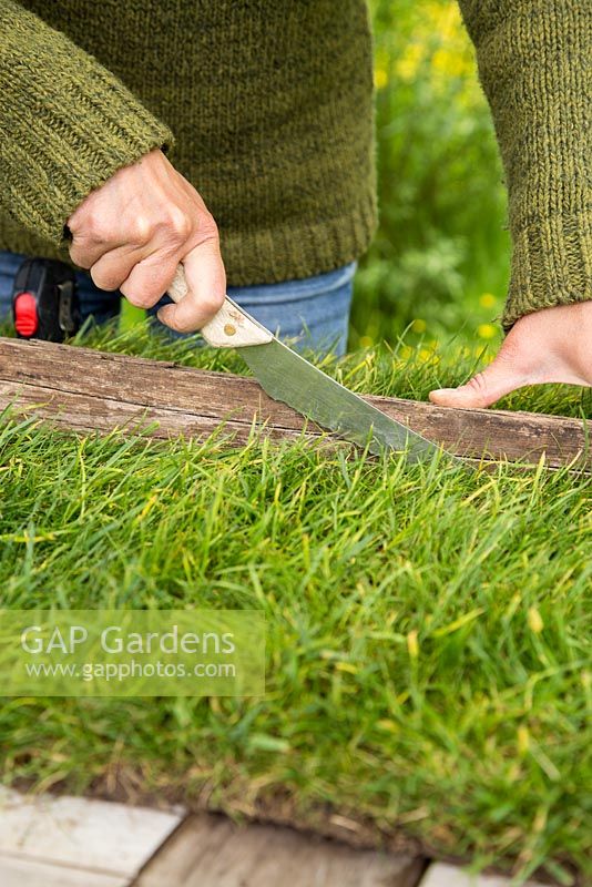 Step by Step -  Creating a turf pot using Carex comans 'Frosted Curls' - cutting turf