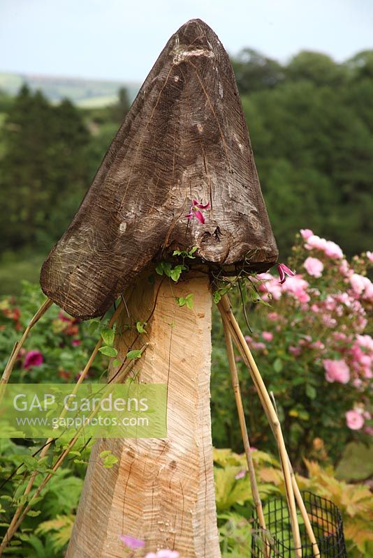 Wooden garden ornament with canes supporting a Clematis