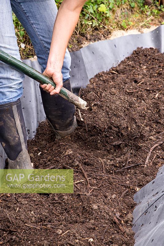 Mixing soil and compost for bog garden mix