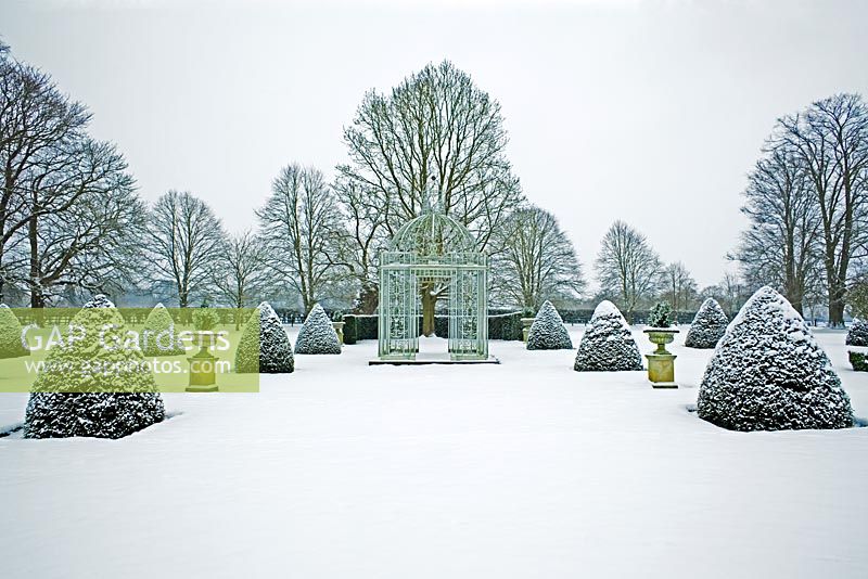 Snow covered Parterre with Gazebo - Chenies Manor Gardens, Buckinghanmshire, UK