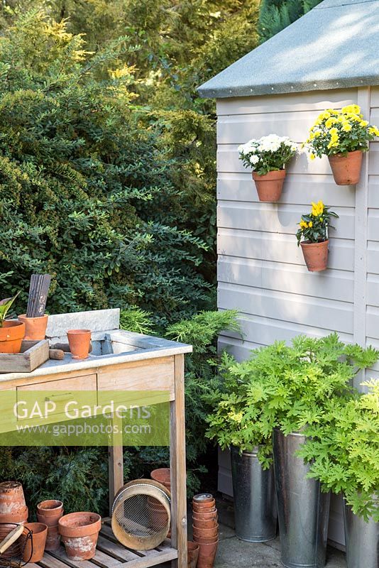 Hanging pots on a shed in a small suburban garden