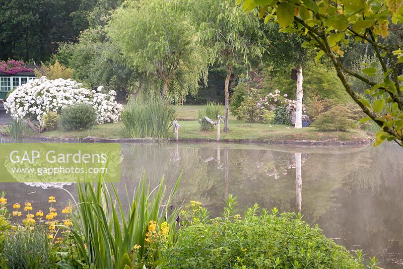 Landscaped lake with Rosa Pleine du Grace on island, Primula denticulata and summerhouse beyond 