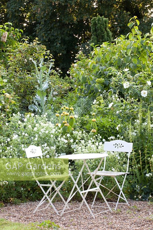 Cafe table and chairs in the white garden, mixed borders include, Geranium pratense Alba,Centranthus ruber Albus,Rosa alba Semiplena