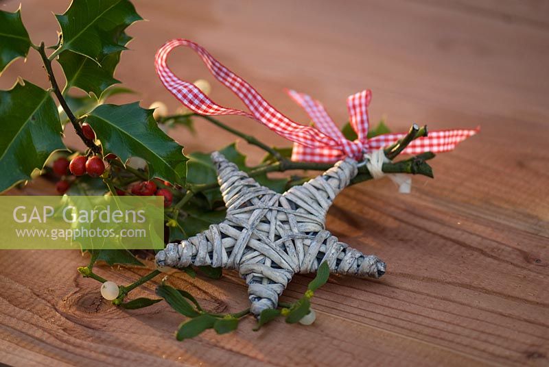 Handmade Christmas decorations with holly and ivy