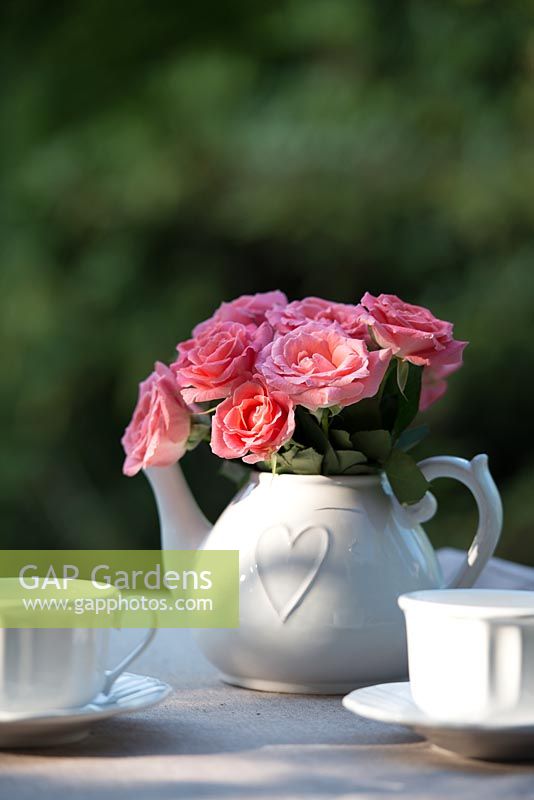Bouquet of pink roses in teapot with heart design