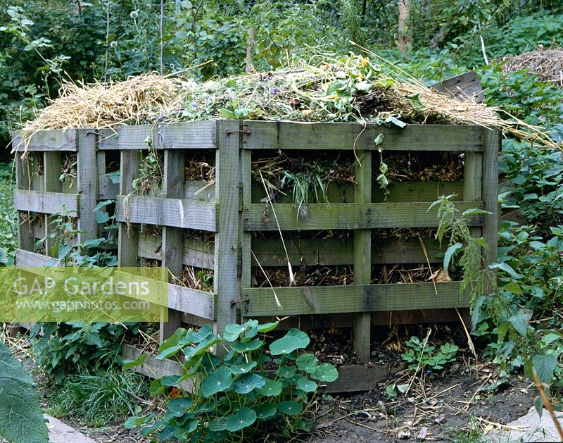 Compost bins constructed from wooden pallets