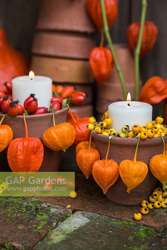 Terracotta pot candle holders with Physalis, Rose hips and Pyracanthus