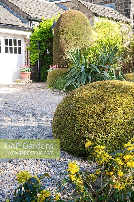 Clipped yew spheres frame the drive and the circular maze formed of stone setts laid in to the gravel with gate into garden beyond. 