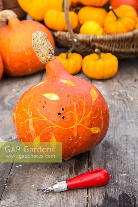Using a lino cutter to create patterns in a pumpkin