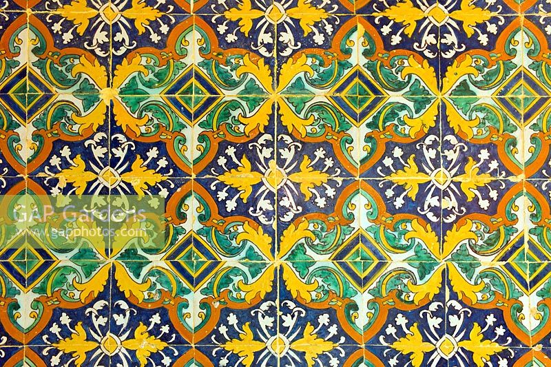 Azulejos tile decoration in the gardens of the Real Alcazar, Seville, Andalusia, Spain