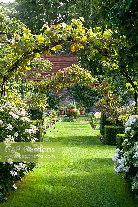 Archway to the Kitchen Garden and another to the Rose Garden with grapevines just changing colour.  Late September.  