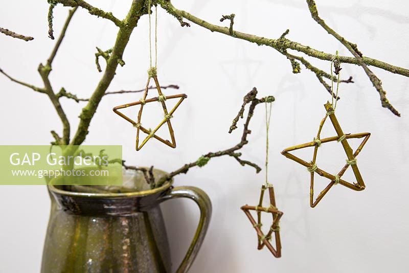 Willow stars hanging from a branch