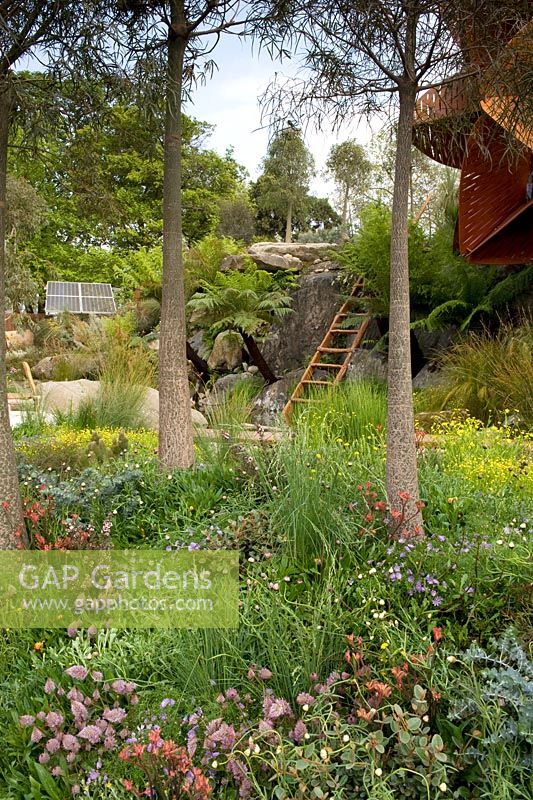 Trailfinders Australian Garden, Chelsea Flower Show 2013. Native planting with studio building perched on the cliffs and waterfall. 