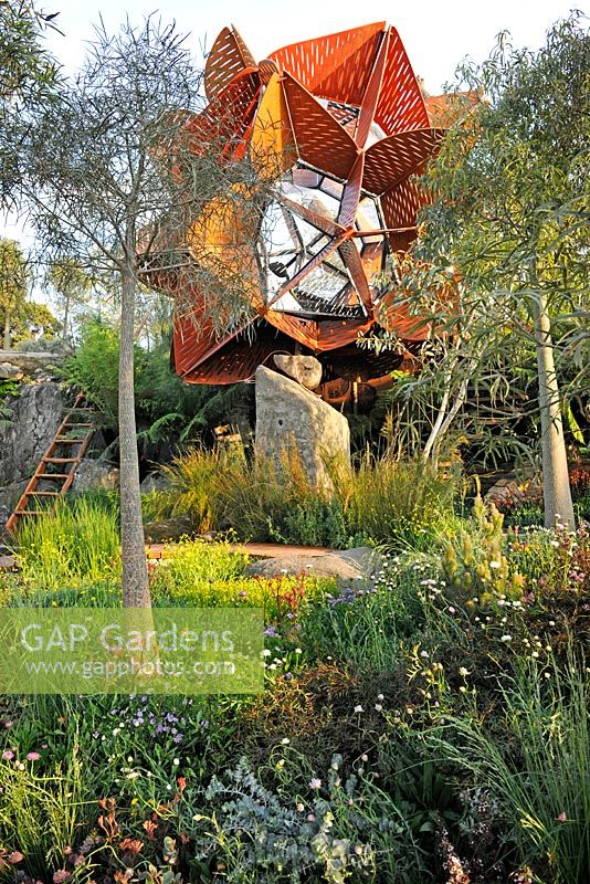 Trailfinders Australian Garden, Chelsea Flower Show 2013. Studio building perched on the cliffs above the billabong with young Brachychiton rupestris (Queensland bottle trees) and native Australian plants 
