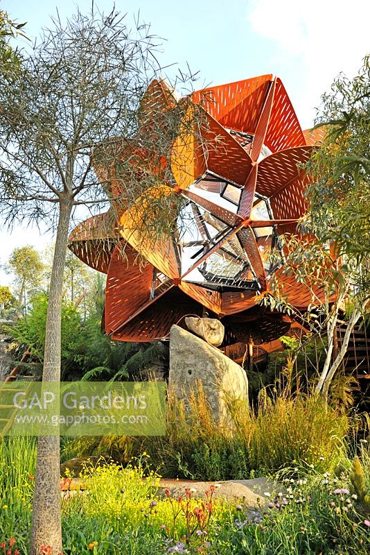 Trailfinders Australian Garden, Chelsea Flower Show 2013. Studio building perched on the cliffs above the billabong with young Brachychiton rupestris (Queensland bottle trees) and native Australian plants