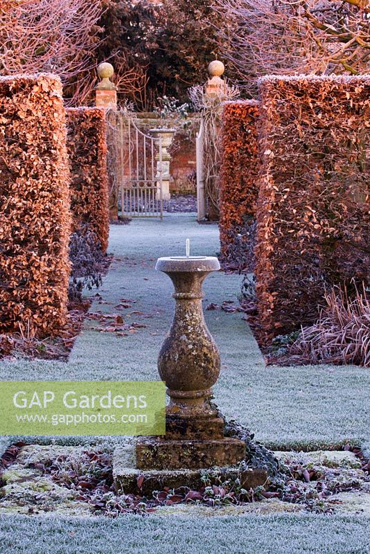 Winter garden in frost - view from summerhouse through beech hedging at dawn with sundial and gate in distance. Lawn with frost