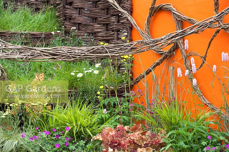 Painted orange wall, mixed flowerbed and shaped willow sculpture in 'Wrapped Up in Willow and Water' Garden, BBC Gardener's World 2013