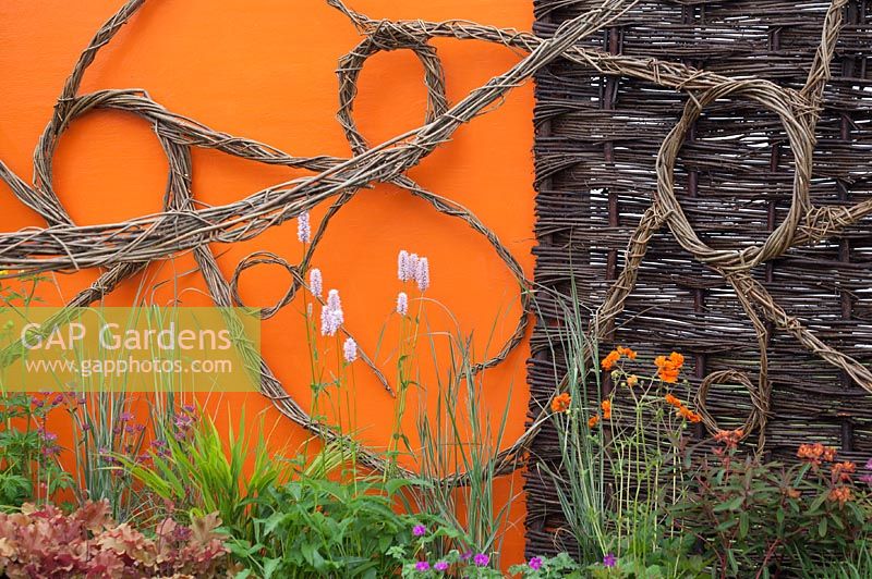 Shaped willow and painted orange wall in 'Wrapped Up in Willow and Water' Garden, BBC Gardener's World 2013